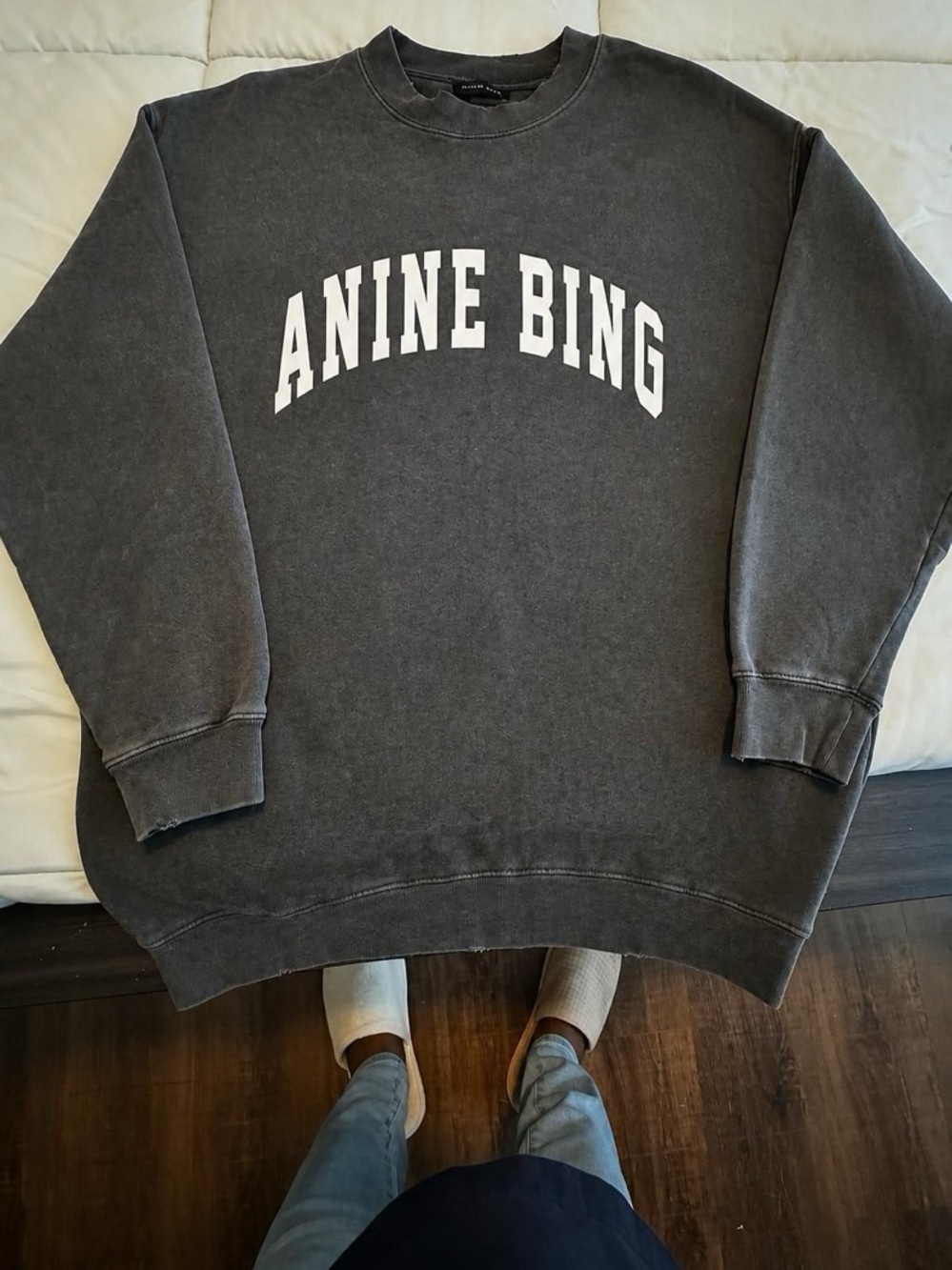 Anine Bing Charcoal Crewneck Sweatshirt with White Logo